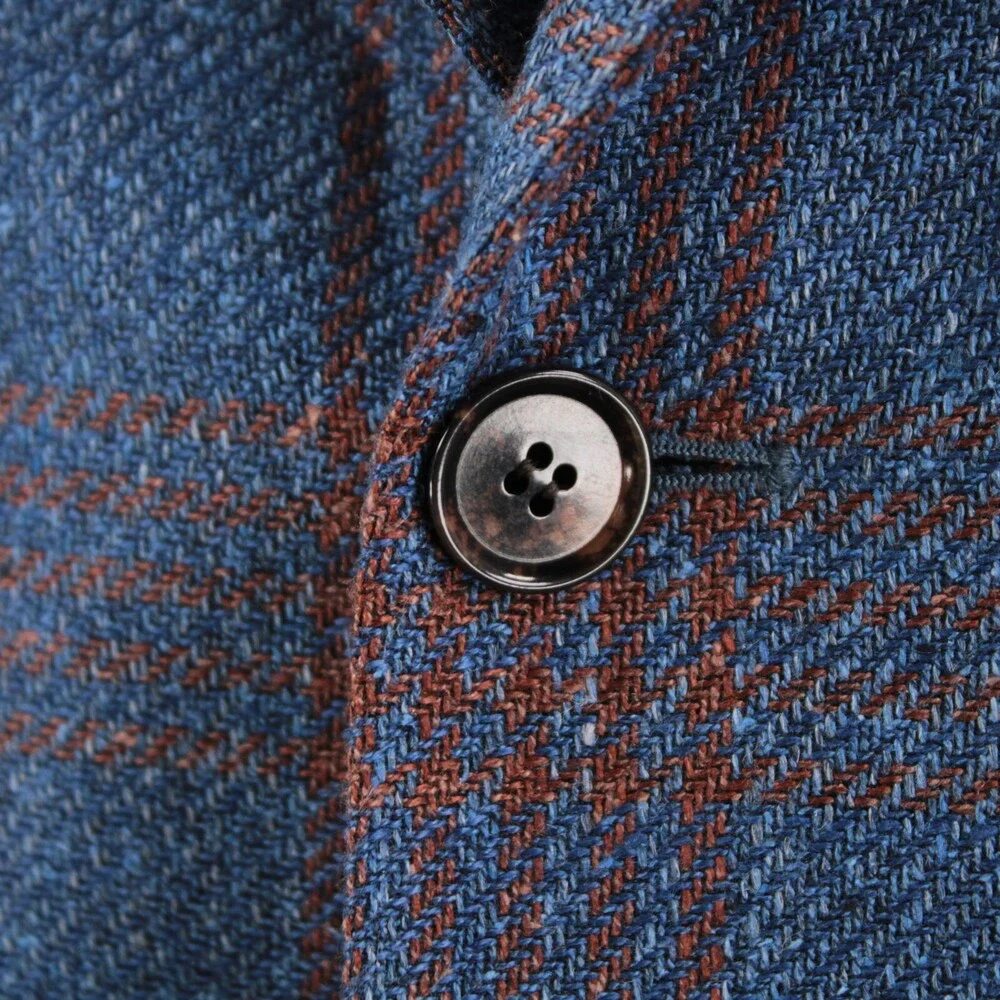 Sartorio Kiton NWT Linen Blend Sport Coat Size 50R 40R US In Blue w/ Brown Plaid